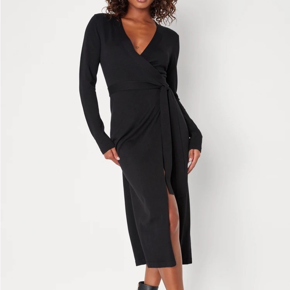 Black Midi Wrap Sweater Dress